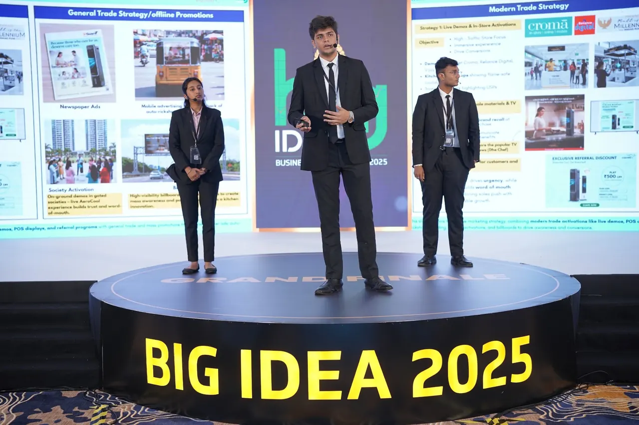 Aditya presenting on the V-Guard Big Idea 2025 stage